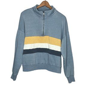 Anthropologie Medium Olive‎ + Oak Blue Yellow Striped 1/4 Zip Pullover Sweater